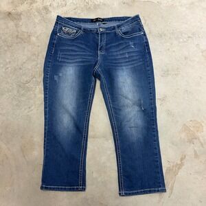 Love Indigo Womens Blue Denim Embellished Pocket Cropped Jeans Size 12